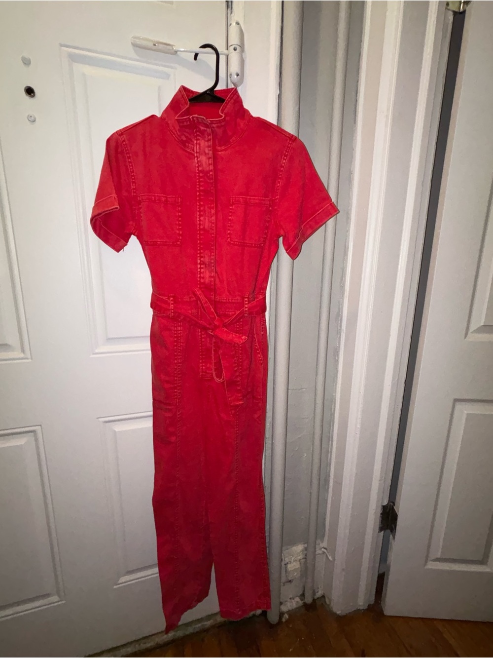 BB Dakota Coral Red Short-Sleeve Tie-Waist Utility Jumpsuit